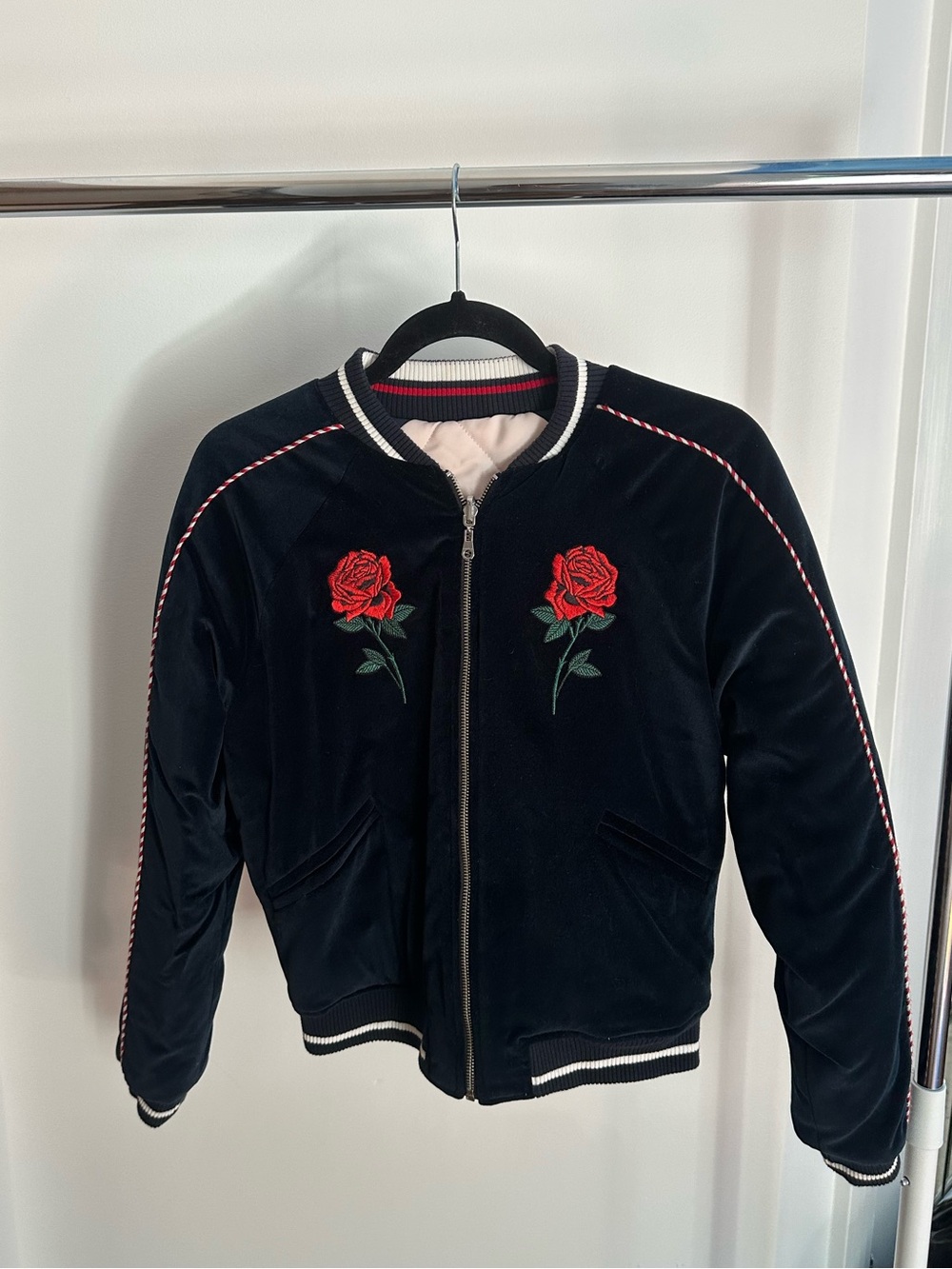 Black Velvet Bomber Jacket with Red Rose Embroidery - Reversible
